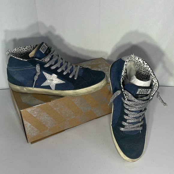 Golden Goose Shoes - Golden goose, mid star, indigo, suede crackled, silver high top sneakers